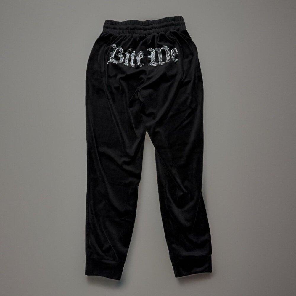 Y2K Style Velour Pants Womens Small Black 'Bite Me' Rhinestones Casual (25x28.5)